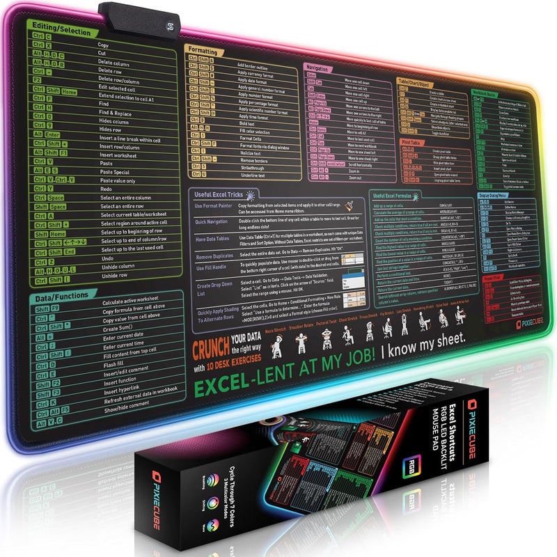 Pixiecube Excel Shortcut Keys LED Mouse Pad - Colorful RGB Luminous Extended Large Cheat Sheet Gaming Mousepad| PC Office Spreadsheet Keyboard Mat| Non-Slip Stitched Edge - Image 1